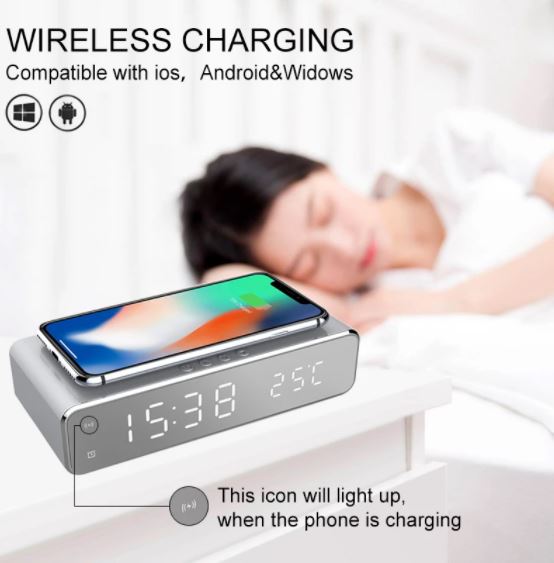 LED Electric Alarm Clock Mirror Clock with Phone Wireless Charger